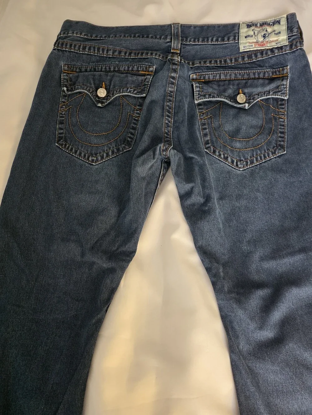 True Religion Men's Dark Blue Straight Denim Jeans with Signature Pocket Flap